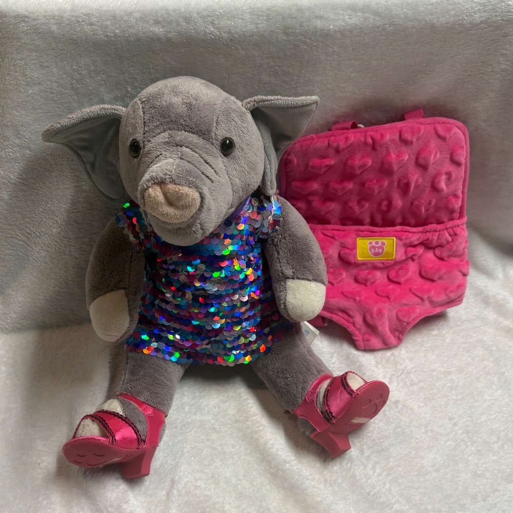 Build-A-Bear BAB Fancy Elephant Plush Sequin Dress Pink Heels Heart Carrier